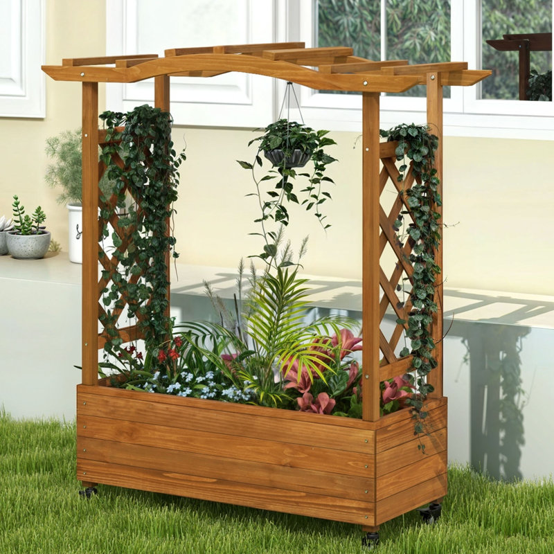 Lit de jardin surélevé en bois avec treillis et roues