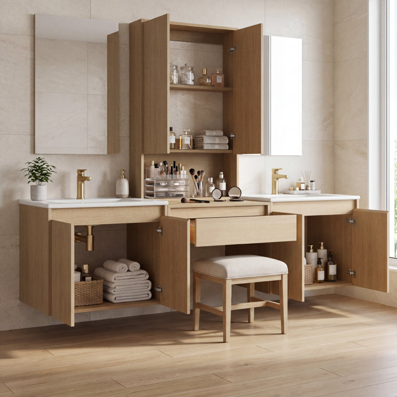 Meuble-lavabo double 72 po avec armoire supérieure, meuble-lavabo, lavabo en céramique et conception sans poignée 72 po, 72"