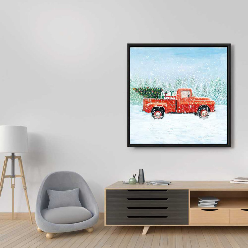 Camion de Noël rétro, toile rouge rétro, décoration de maison - art festif