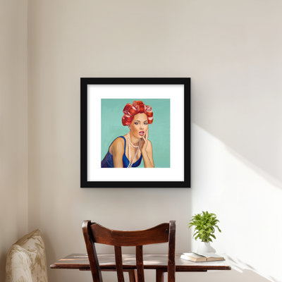 Pin up girl with curlers - Retro Classic Blue Framed Print