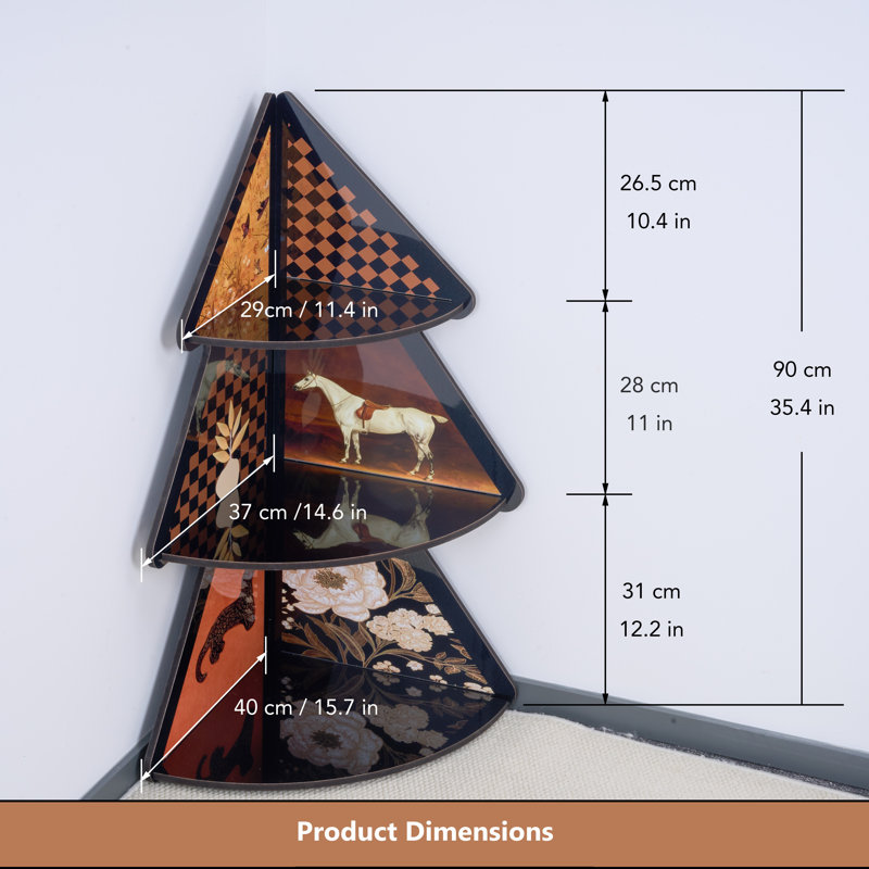 Étagère d'angle décorative à 3 niveaux - Présentoir artistique mixte avec motifs équestres et damier
