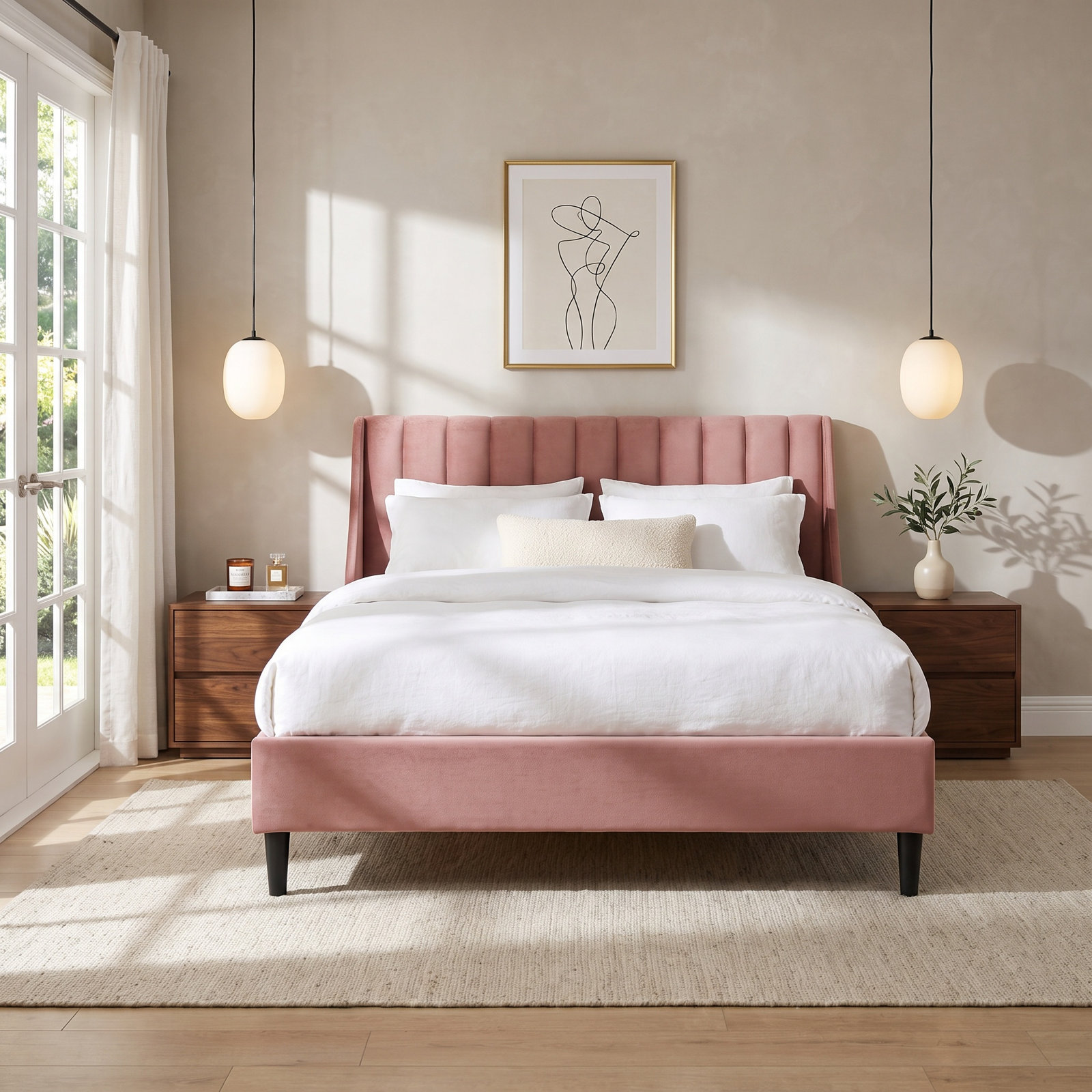 Helaina Velvet Upholstered Wingback Bed, Queen, Ash Rose Velvet