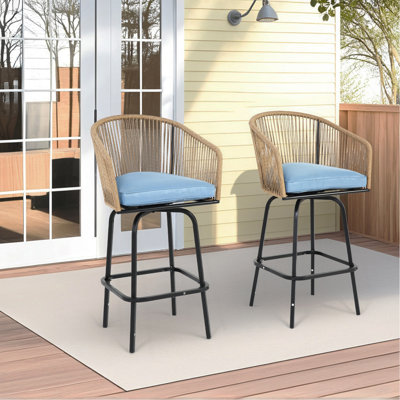 Ensemble de 2 tabourets de bar d'extérieur avec accoudoirs, chaises de bar en rotin toutes saisons avec dossier, tabourets de bar en osier pour jardin, piscine, balcon et terrasse
