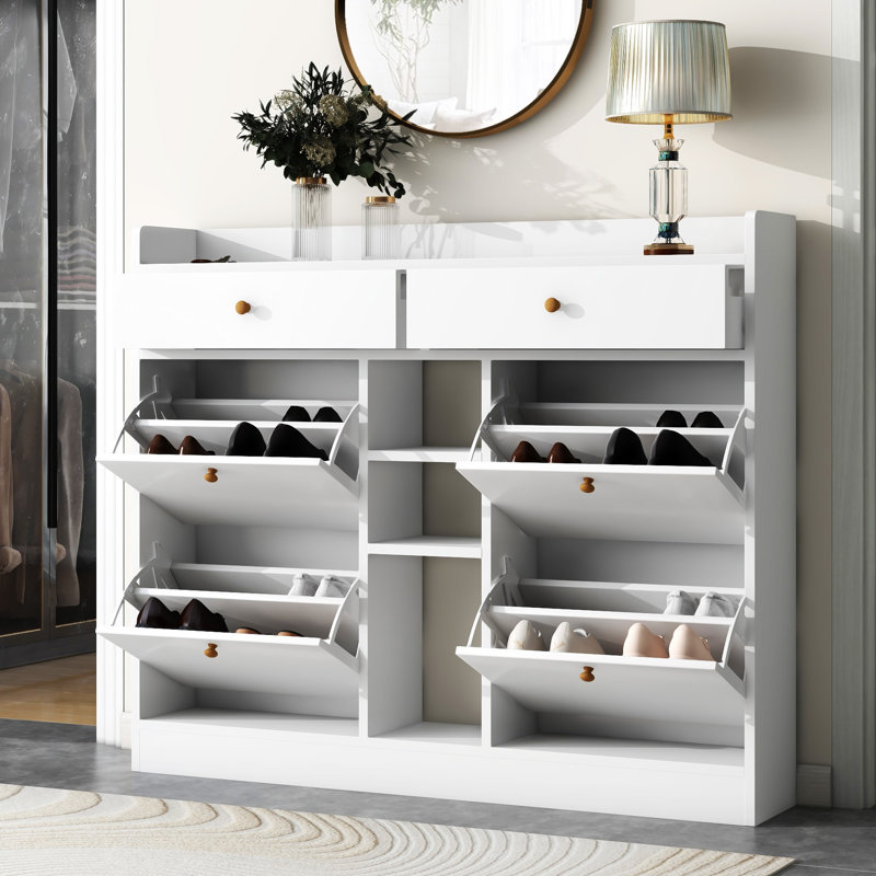 [VIDÉO fournie] Armoire à chaussures avec 4 tiroirs rabattables modernes ON-TREND, Blanc