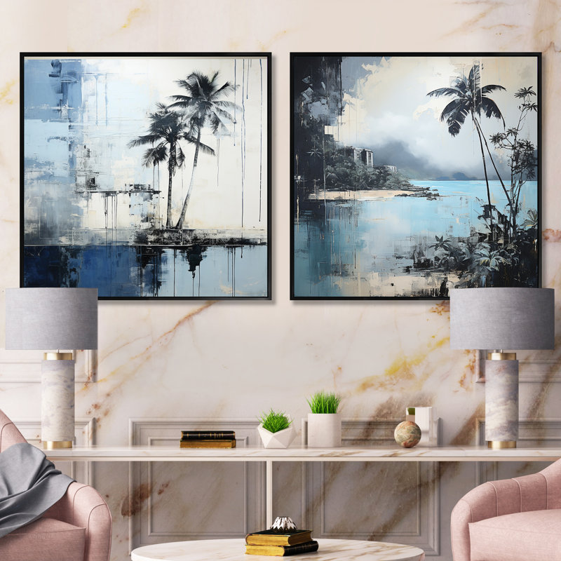 Ensemble de 2 collages de palmiers tropicaux - bleu et gris, Cadre flottant noir, H 30 po x l 61 po