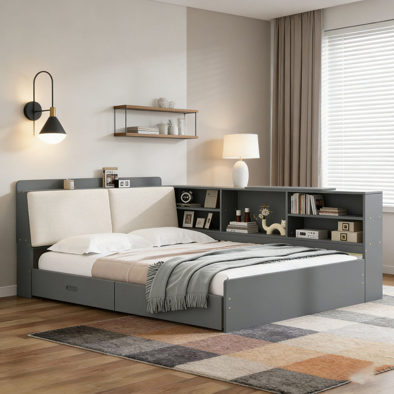 Wood Twin Size platform bed with Storage Headboard, Gray, Full