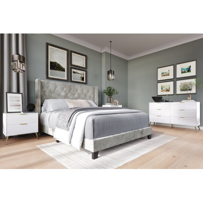 Ensemble de lit double à oreilles avec commode Castle Velvet gris argenté Castle Place