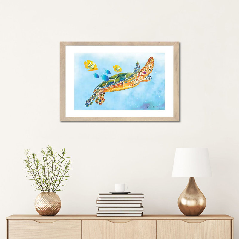 «Sea Turtle Fish» par Jo Lynch - reproduction d'art, Papier avec cadre beige, H 16 po x l 24 po x P 1 po, Blanc
