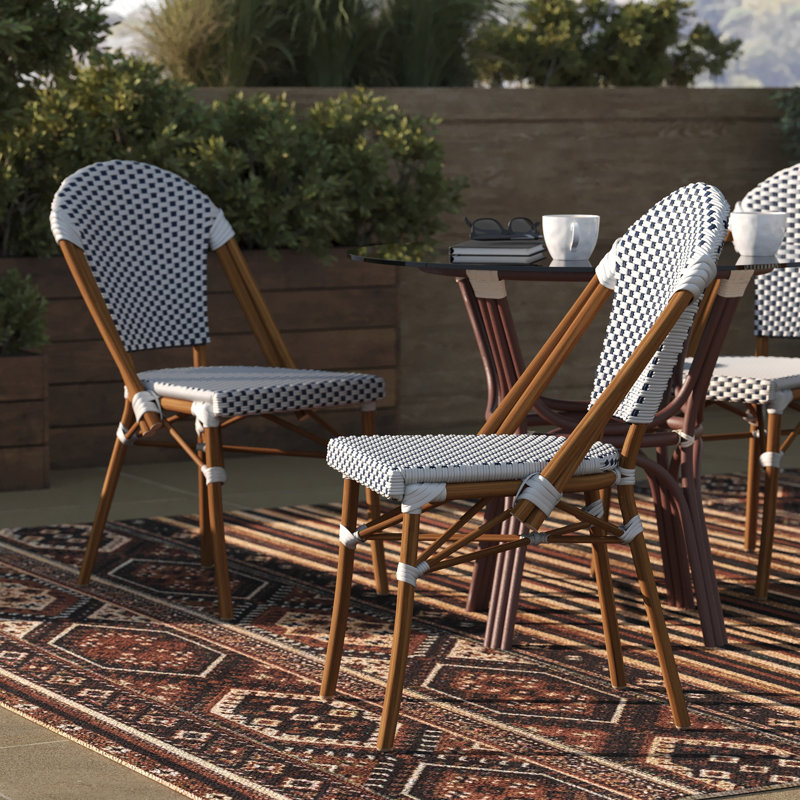 White and Navy Checkered PE Rattan Armless Side Chairs