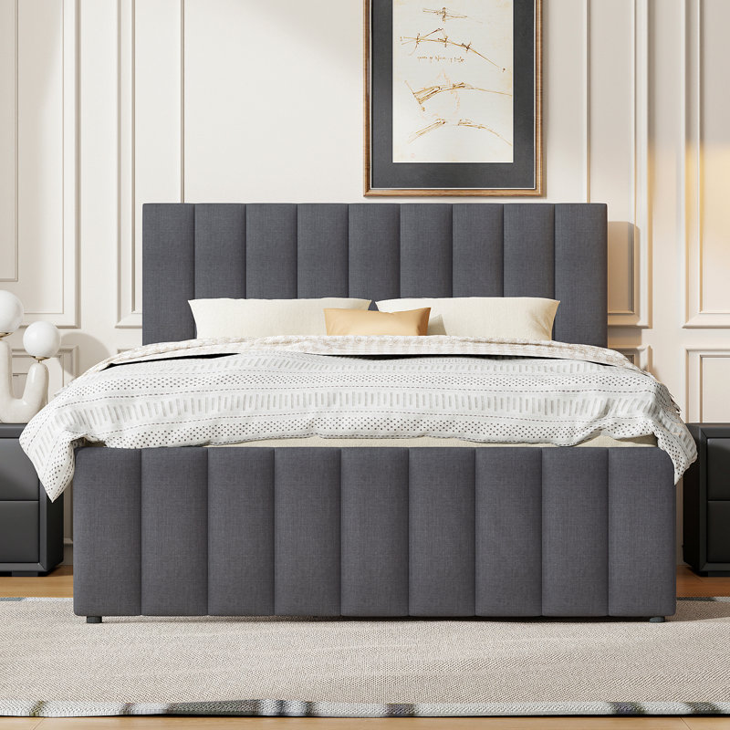 Christiano Size Upholstered Platform Bed With Twin Size Trundle And 3 Drawers, Gray