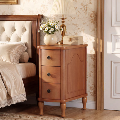 Solid Wood Nightstand with 3 Drawers, Narrow Bedside Table for Bedroom