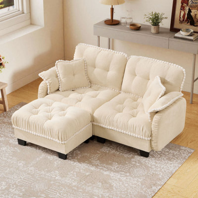 Canapé en chenille avec 4 coussins et garniture pompon avec repose-pieds Chenille