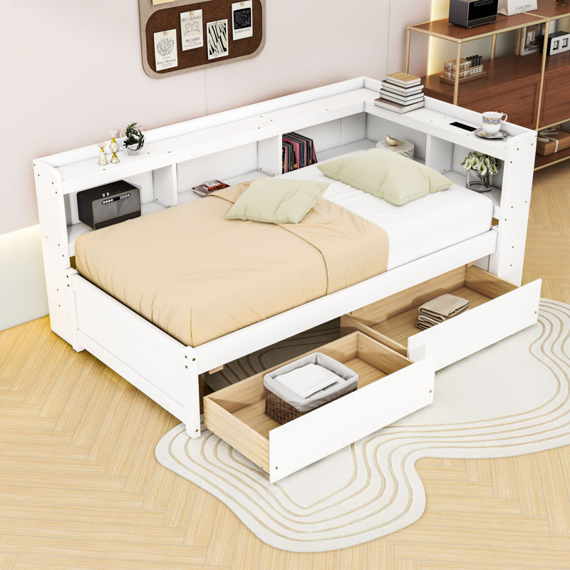 Lit de jour simple en bois avec tablettes et station de charge intégrée, tiroirs