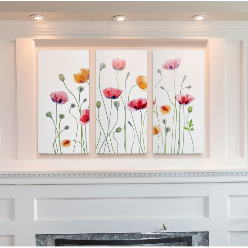High Key Poppy Party - 3 pièces, reproduction d'art sur toile, H 40 po x l 80 po x P 1,5 po