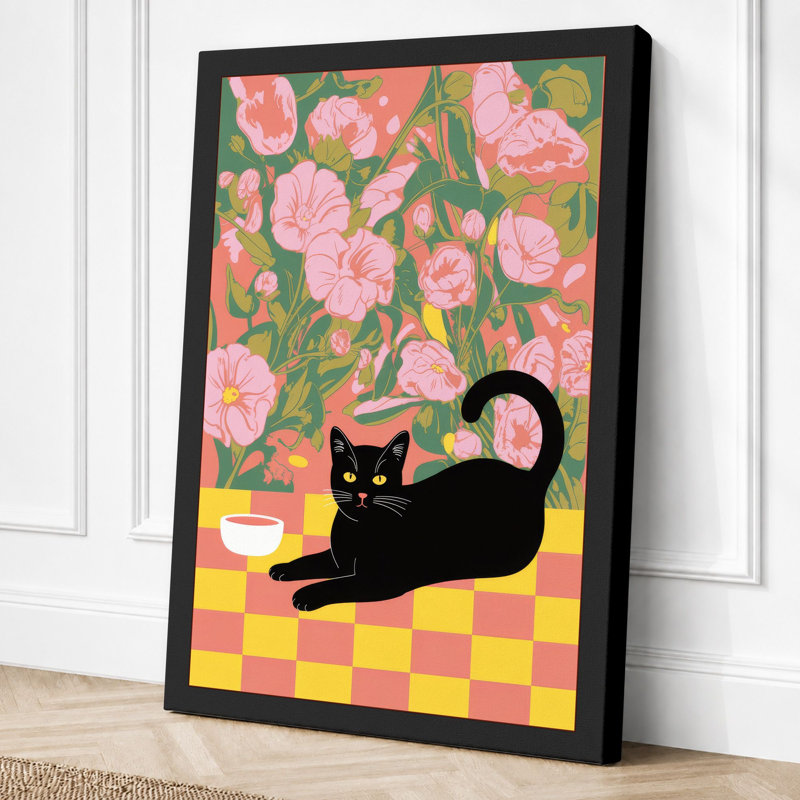 Cat Among Roses Eclectic 1 Piece Wrapped Canvas Wall Art, 36x24 - 91.4 x 61.0 cm, Black Border