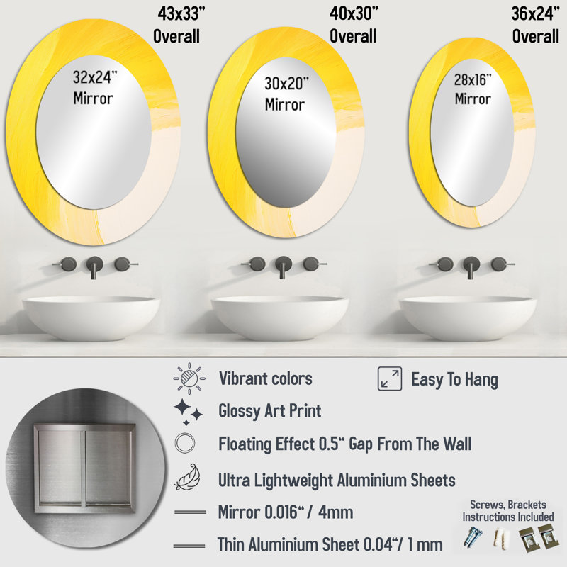 Yellow Chroma Curve - Miroir mural jaune traditionnel, H 36 po x l 24 po