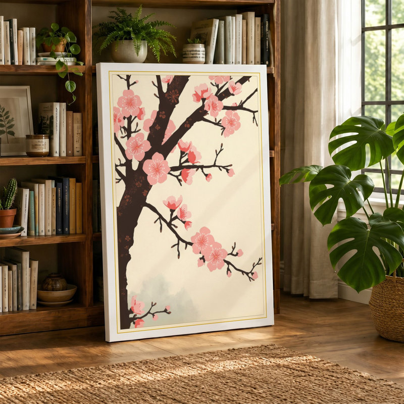 Cherry Blossom Branch Japandi - Wrapped Canvas, 18x12 - 45.7 x 30.5 cm, Ochre Border