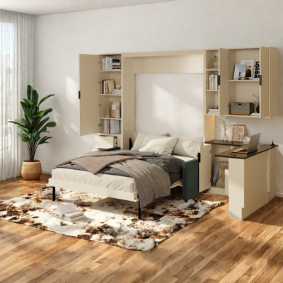 Grand lit escamotable mural avec rangement hydraulique, canapé intégré, tablettes et tiroirs de rangement, chargement DEL / USB, panneau crème avec canapé vert