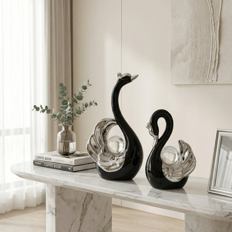 2 Pieces Swan Statues Sculpture Souvenir Gift Ceramic Statue Decoration Decoration, Black