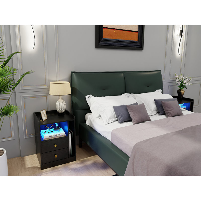 2 Drawers LED BedSide Table with Charging Station, Black