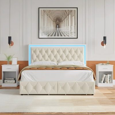 3-Piece Bedroom Furniture Set | LED Storage Bed With 4 Drawers & 2 Matching Nightstands | Smart Home Bedroom Suite by Wrought Studio