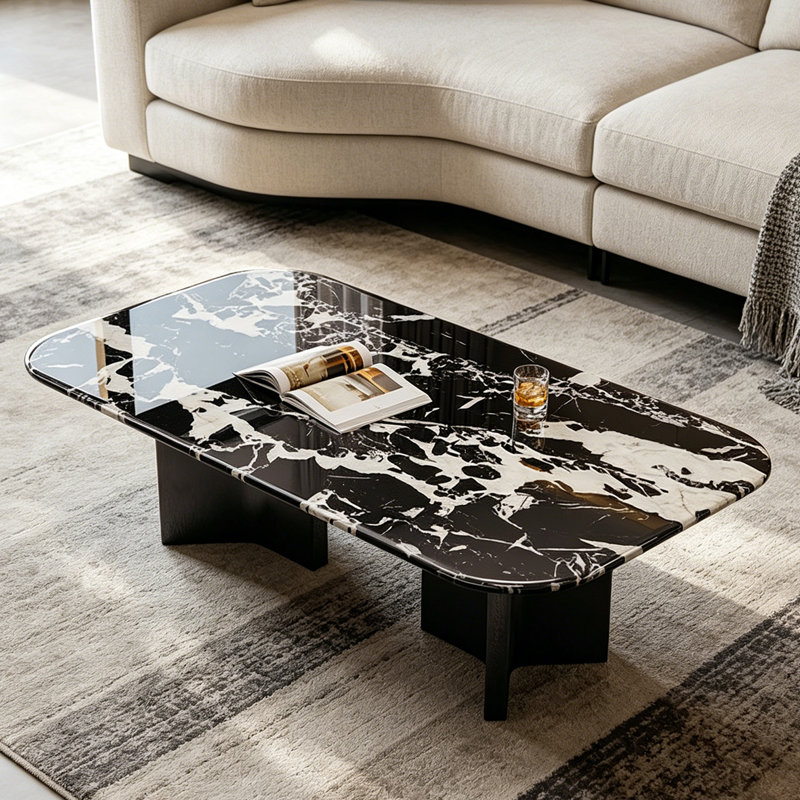 Table basse luxueuse en marbre de style italien, H 15,7 po x L 47,2 po x l 27,6 po, Noir / blanc