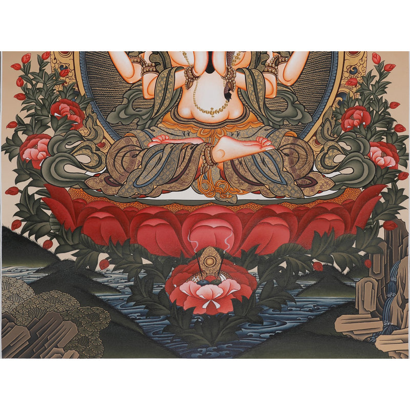 Kharchari Bodhisattva Thangka sans broc | Art mural bouddhiste tibétain peint à la main | Or 24 carats, bienveillance et bénédiction (23,6 po x 17,3 po)