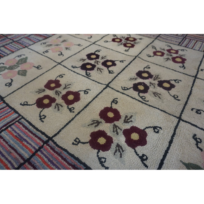 Antique Basket Weave And Floral Folk Art Pattern American Hooked Rug