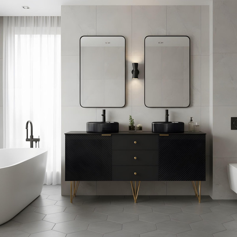 Meuble-lavabo de 60 po avec lavabo rond en verre noir transparent et comptoir en pierre frittée noire