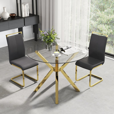 Modern Round Glass Dining Table Set with 4/6 PU Upholstered Chairs, Silver/Black/Gold Chrome Legs for Dining, Kitchen