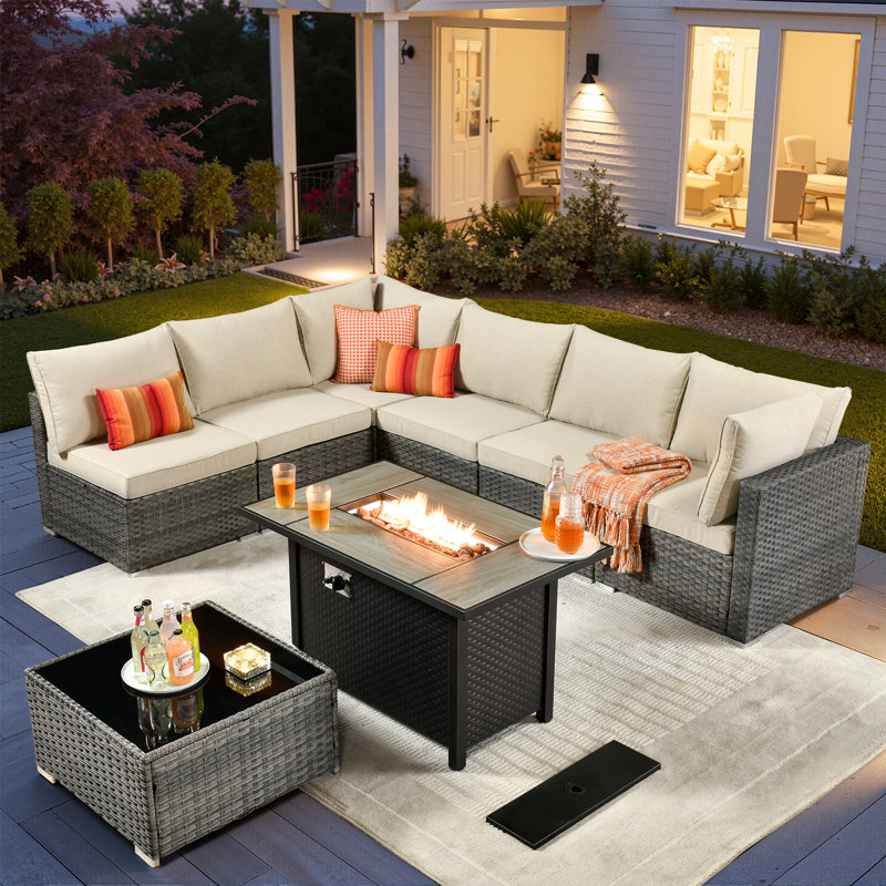 Premium All-Weather Wicker 6 - Person Patio Conversation Set with Cushions, Beige