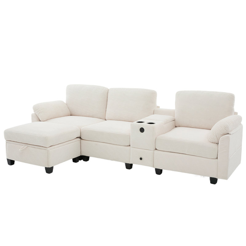 Sectional Sofa With Ottoman, Beige Corduroy