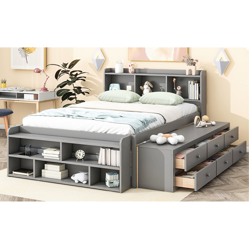 Lit double gris avec tête de lit et rangement sous le lit avec options de bibliothèque durables