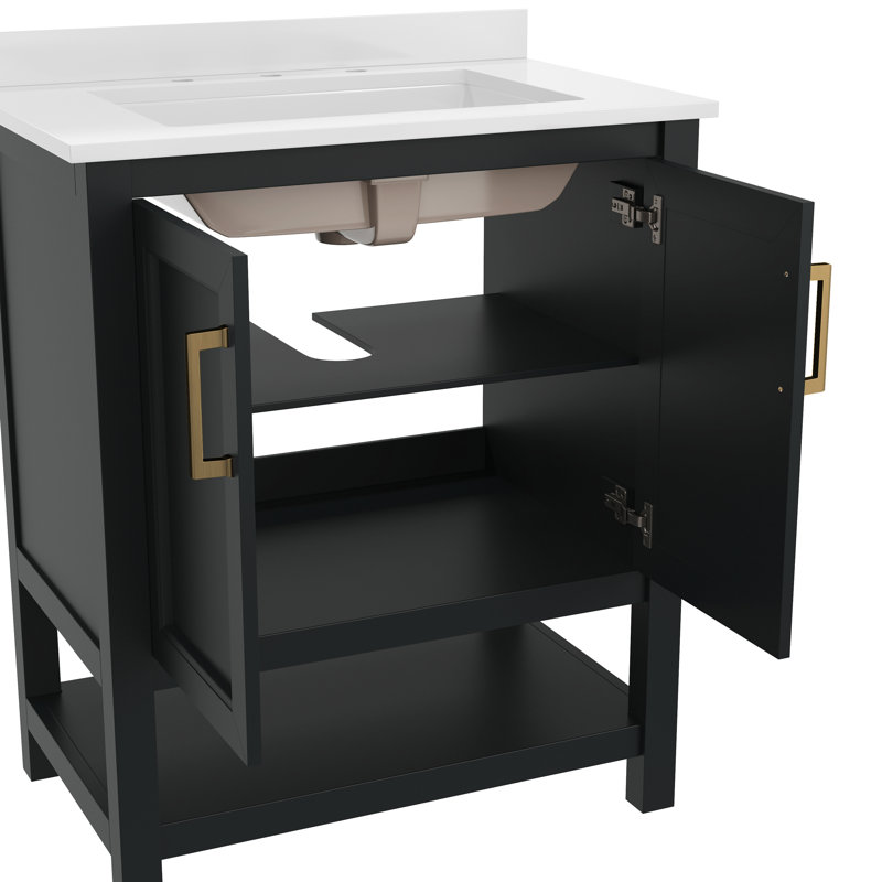 Ajmer 30'' Free-standing Single Bathroom Vanity with Undermount Sink and Open Storage Shelf, Gold, Black