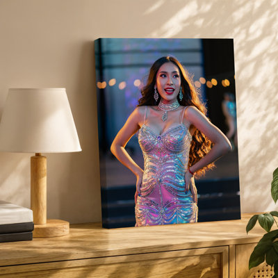 Canvas A Glamorous Performer Stands Center Stage Adorned In A Dazzling Wall Art Intricately Beaded Dress That Shimmers With Iridescent Canvas Wall Art