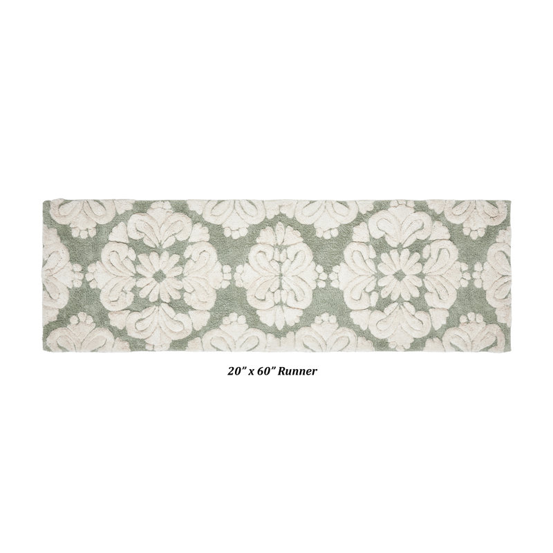 Danitra 100% Cotton 1885 GSM Bath Rug with Non-Slip Latex Backing, Soft Absorbent Machine Washable Bathroom Mat, Medallion Design, 20" x 60" Runner, Sage