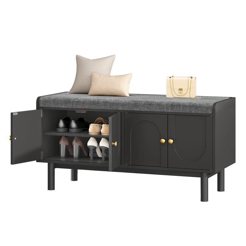 39.4" Wide Shoe Storage Bench, Entryway Bench With Cushion and Adjustable Shelf, Black