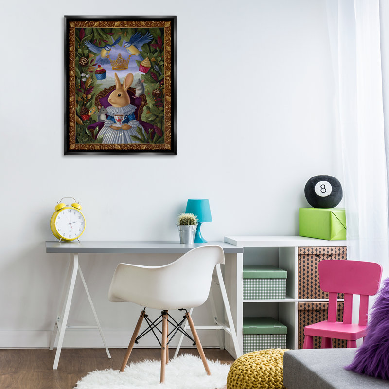 «Classic Rabbit Tea Party», art mural sur toile flottant gris par Gina Matarazzo, Cadre flottant noir de jais