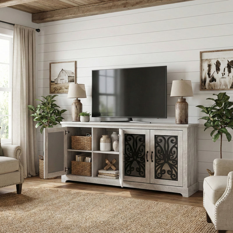 Ariba Traditional Mirrored Door TV Stand with Storage for 75" TVs, Dusty Gray Oak