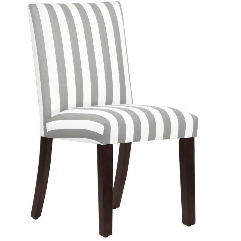 Ilse 20'' H Cotton Upholstered Dining Chair, Canopy Stripe Grey White, Dark Walnut