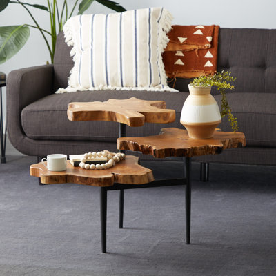 Loucks Teak Wood Handmade Live Edge 3 Tier Side End Brown Accent Table with Black Base