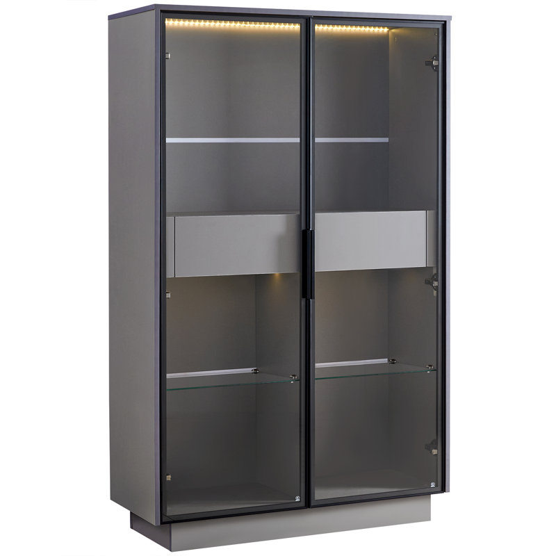 Vitrine autoportante 60,6 po avec 2 tiroirs de rangement, portes en verre et éclairage DEL pour espaces de vie modernes - gris