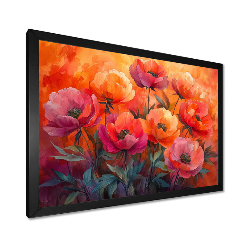 Radiance au coucher du soleil, pivoines, fleurs II - pivoines, art mural, H 12 po x l 20 po, Cadre simple noir