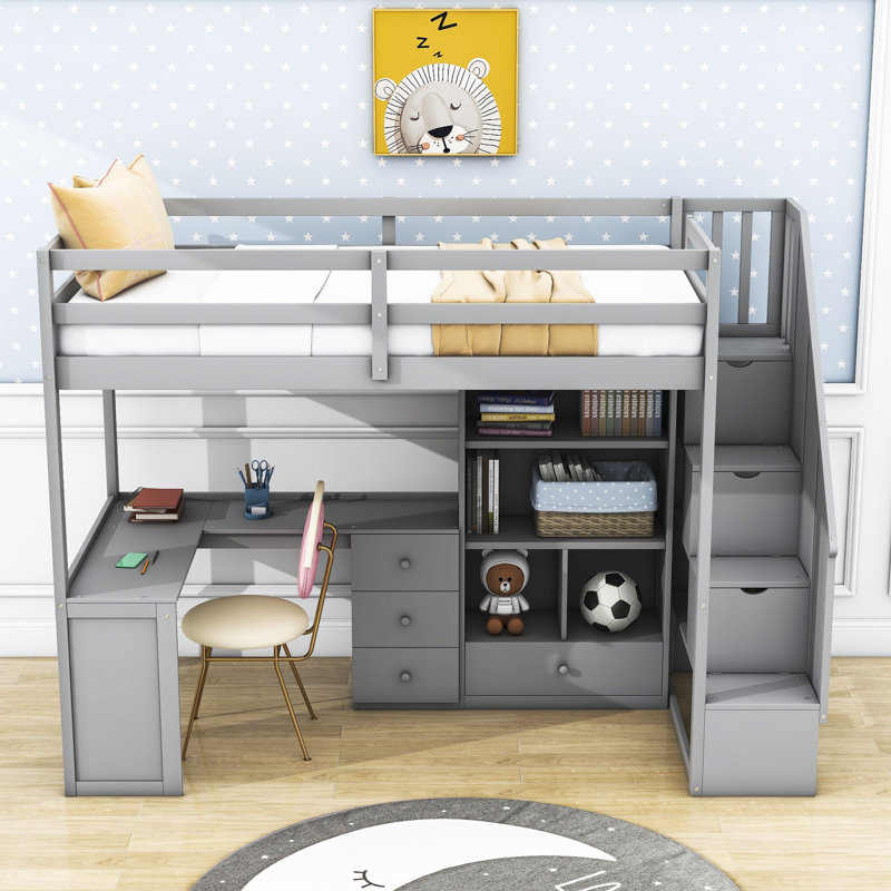 Haizley Kids Twin Loft Bed with Drawers, Gray