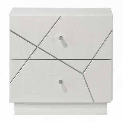 Ultra Modern White Finish Stylish Nightstand With 2X Drawers Embossed Lines Design Contemporary Bedroom Furniture 1Pc Bedside Cabinet