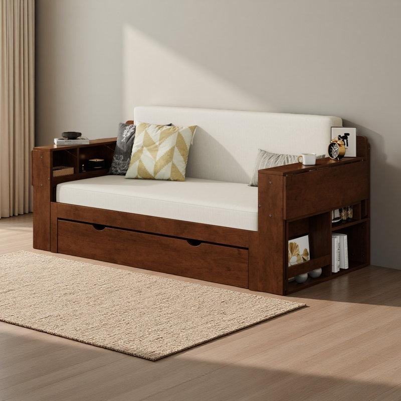 Daybed With Removable Desk, Storage Drawers & Hydraulic Side Table, Full, Espresso