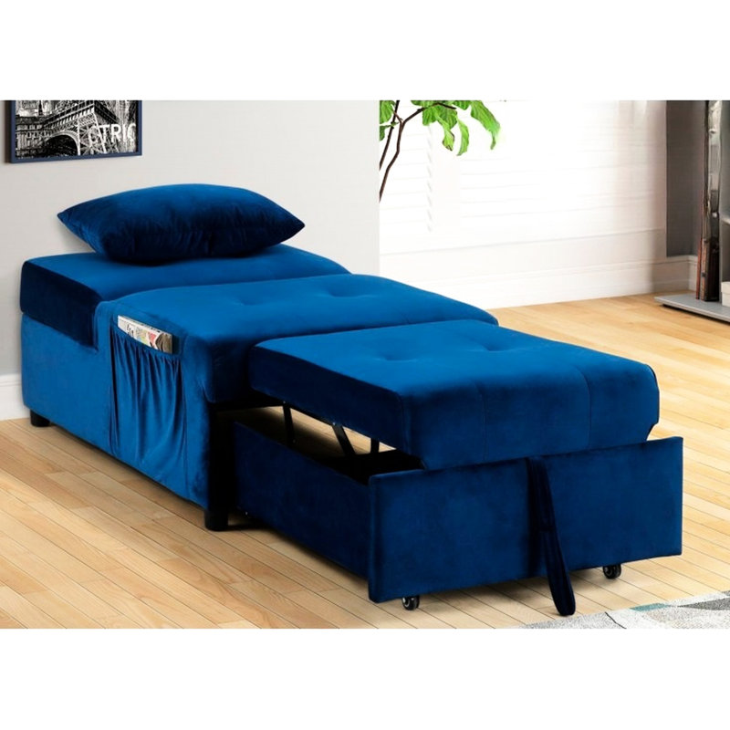 Canapé-lit convertible en velours bleu marine, coussin fourni, matériau en bois franc d'ingénierie, hauteur de 17 pouces, installation simple pour la chaise longue à espace principal avec fonctionnalité réglable, Made Living
