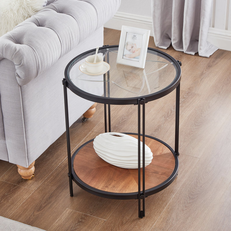 Table de bout moderne en bois avec plateau en verre et structure en métal, Noir