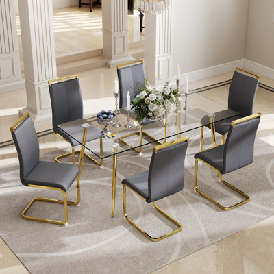 Modern Rectangular Glass Dining Table Set with 4/6 PU Upholstered Chairs, Silver/Black/Gold Chrome Legs for Dining, Kitchen
