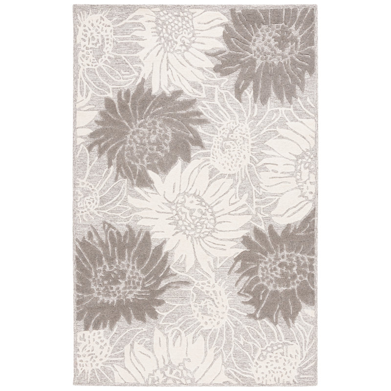 Oaklynd Hand Tufted Wool/Cotton Floral Rug in Gray/Ivory, Rectangle 5' x 8'